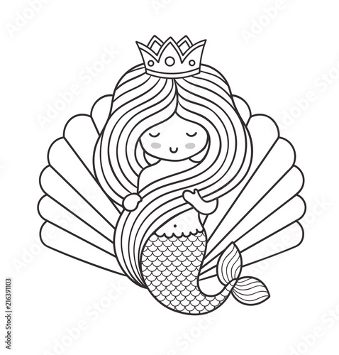 Adorable little princess mermaid, holding her long beautiful hair. Siren on the background of the sea shell. Vector outline illustration.