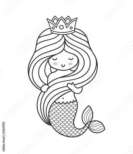 Beautiful marmaid with crown, holding her hair. Dreamy little girl. Outline illustration.