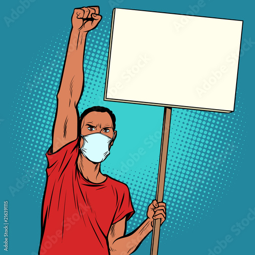 African man protesting in mask