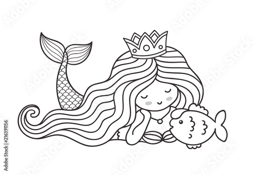 Mermaid lying on the seabed, with cute little fish. Princess. Cartoon personage for coloring book. Outline vector illustration.