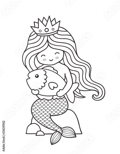 Cute little mermaid with big fish, sitting on a rock. Vector outline illustration for coloring book.