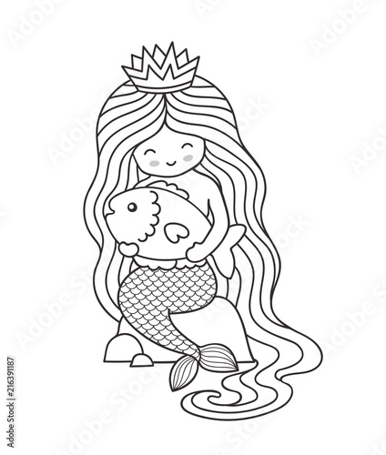 Mermaid. Little queen with crown and long beautiful hair, sitting on a rock, holding big fish. Outline illustration.