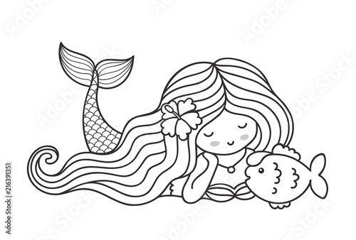 Cute lying dreamy mermaid with long wavy hair, and fish. Cartoon characters. Vector outline illustration, isolated on white background.