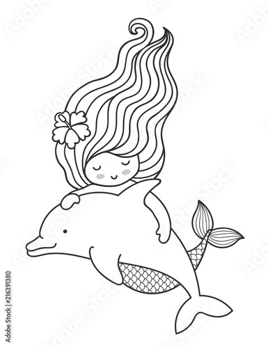 Little floating mermaid with dolphin. Vector outline illustration for coloring book.