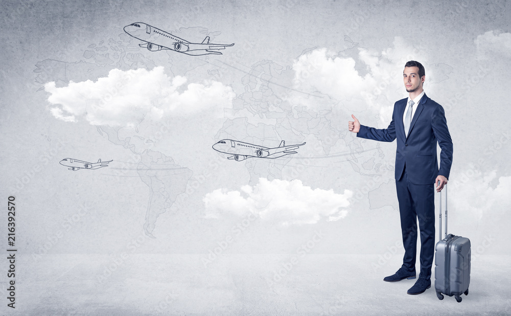 Businessman hitchhiking with flying airplanes cloud and map concept
Businessman hitchhiking with flying airplanes cloud and map concept