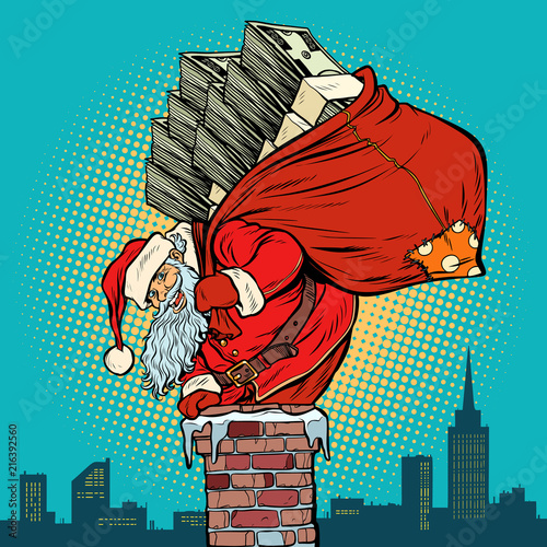 Santa Claus with money climbs into the chimney