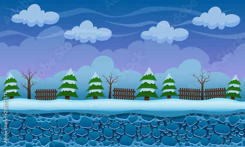 Seamless cartoon landscape with fir-trees. Vector unending background. Vector illustration