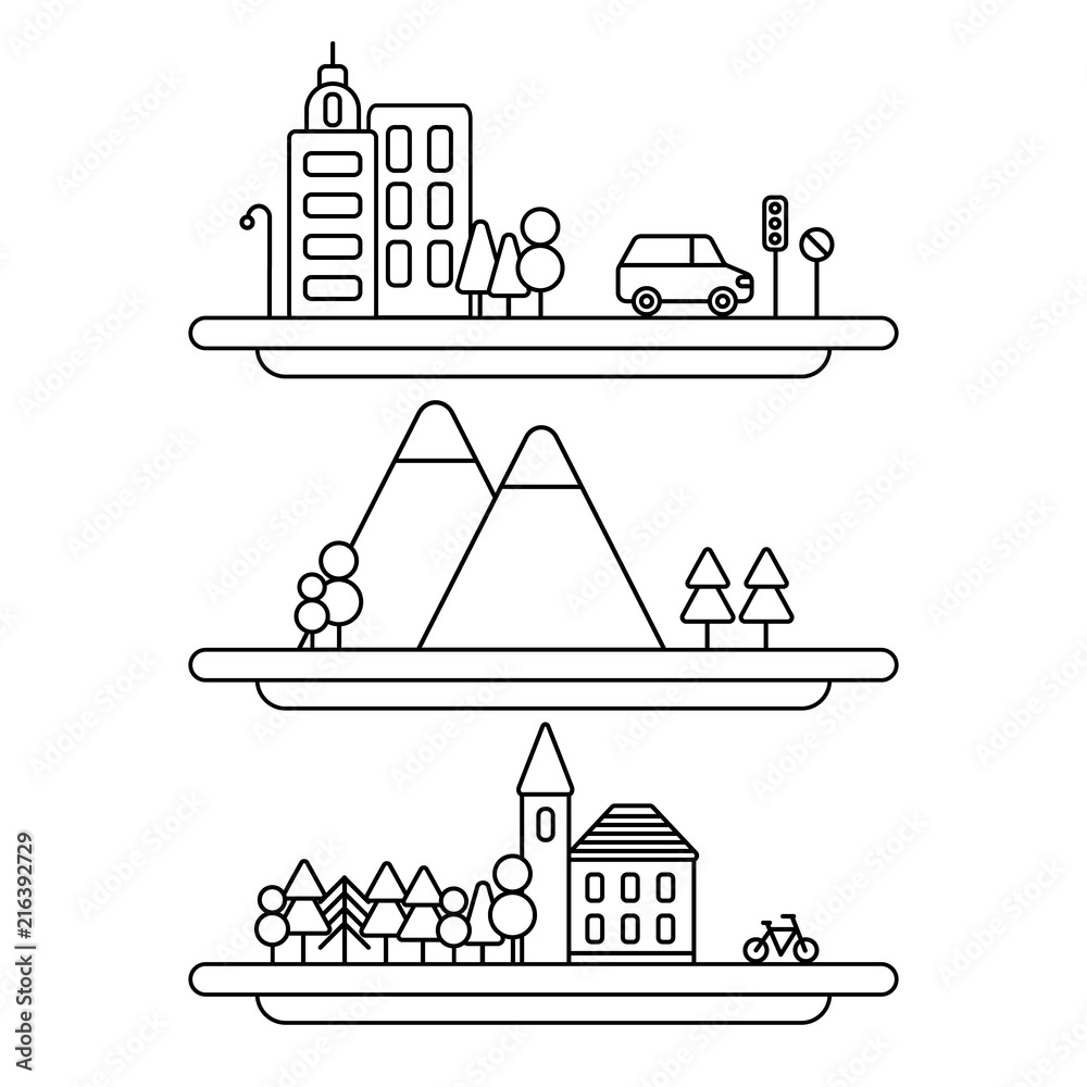 Vector collection of linear illustrations. Vector city illustration in linear style. Vector nature illustration in linear style. Vector village illustration in linear style.