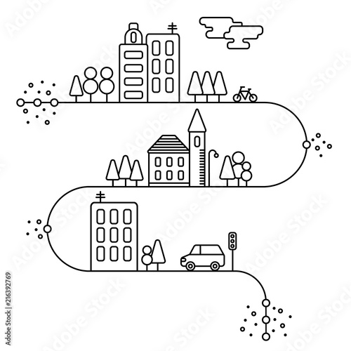Vector concept and info graphic design elements in linear style, city illustration,buildings and nature reserve, illustration in white colors