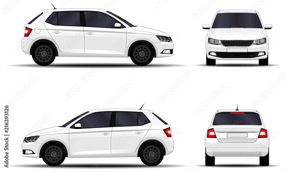 realistic car. hatchback. front view, side view, back view. Stock