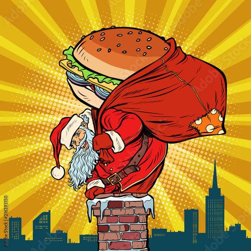 Santa Claus with a Burger climbs into the chimney. Food delivery