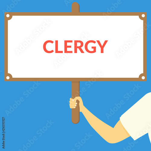 CLERGY. Hand holding wooden sign