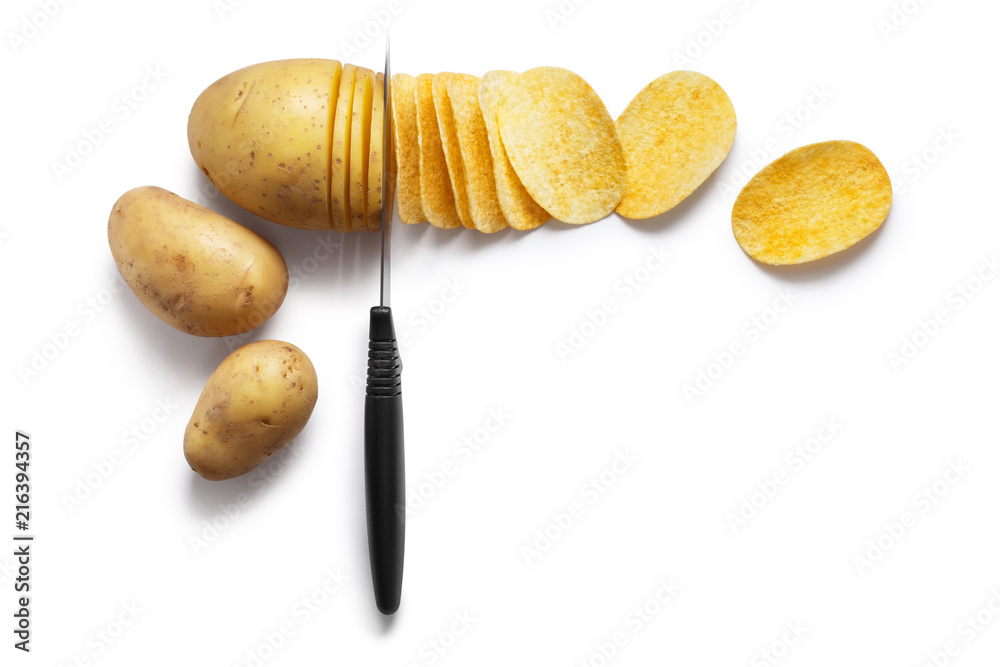Knife cutting potatoe into chips, isolated on white background, view from above