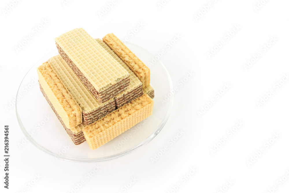 wafer chocolate milk dessert on glass plate on white background wafer chocolate milk dessert on glass plate on white background