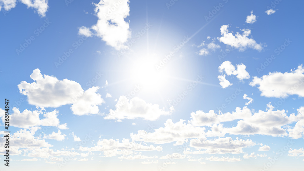 low angle view of blue sky background with white clouds and bright sun