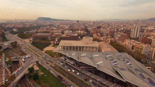Aerial view of the Barcelona cityscape and the new Encants Market PANNING SHOT photo
