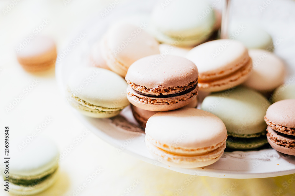 Homemade French Macaroons on the Plate, Pistachio, Coffee and Vanilla Macaroons, Beautiful Wallpaper Homemade French Macaroons on the Plate, Pistachio, Coffee and Vanilla Macaroons, Beautiful Wallpaper