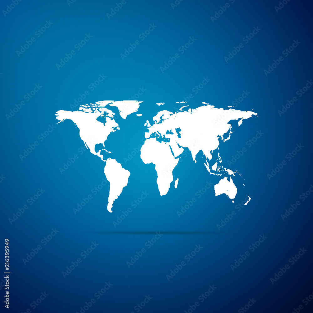 Fototapeta Ikona mapy świata na białym tle na niebieskim tle. Płaska konstrukcja. Ilustracja wektorowa