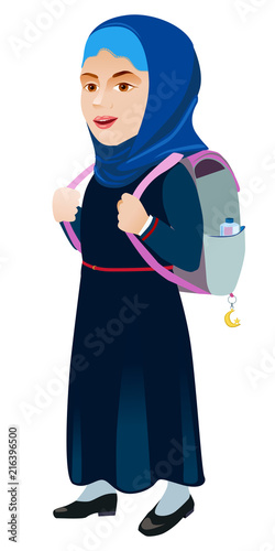 Schoolgirl with backpack on a white background