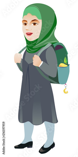 Schoolgirl with backpack on a white background