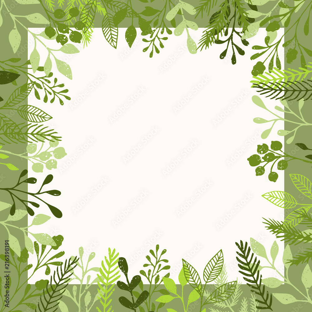 Naklejka premium Background with green leaves and herbs. Square hand drawn frame. Sale and shopping banner.