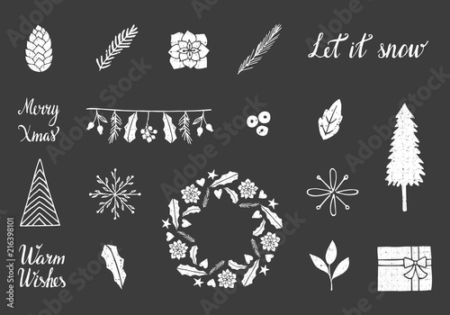 Set of decorative Christmas stuff for gift cards, posters, etc. Isolated vector elements. 