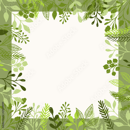 Background with green leaves and herbs. Square hand drawn frame. Sale and shopping banner.