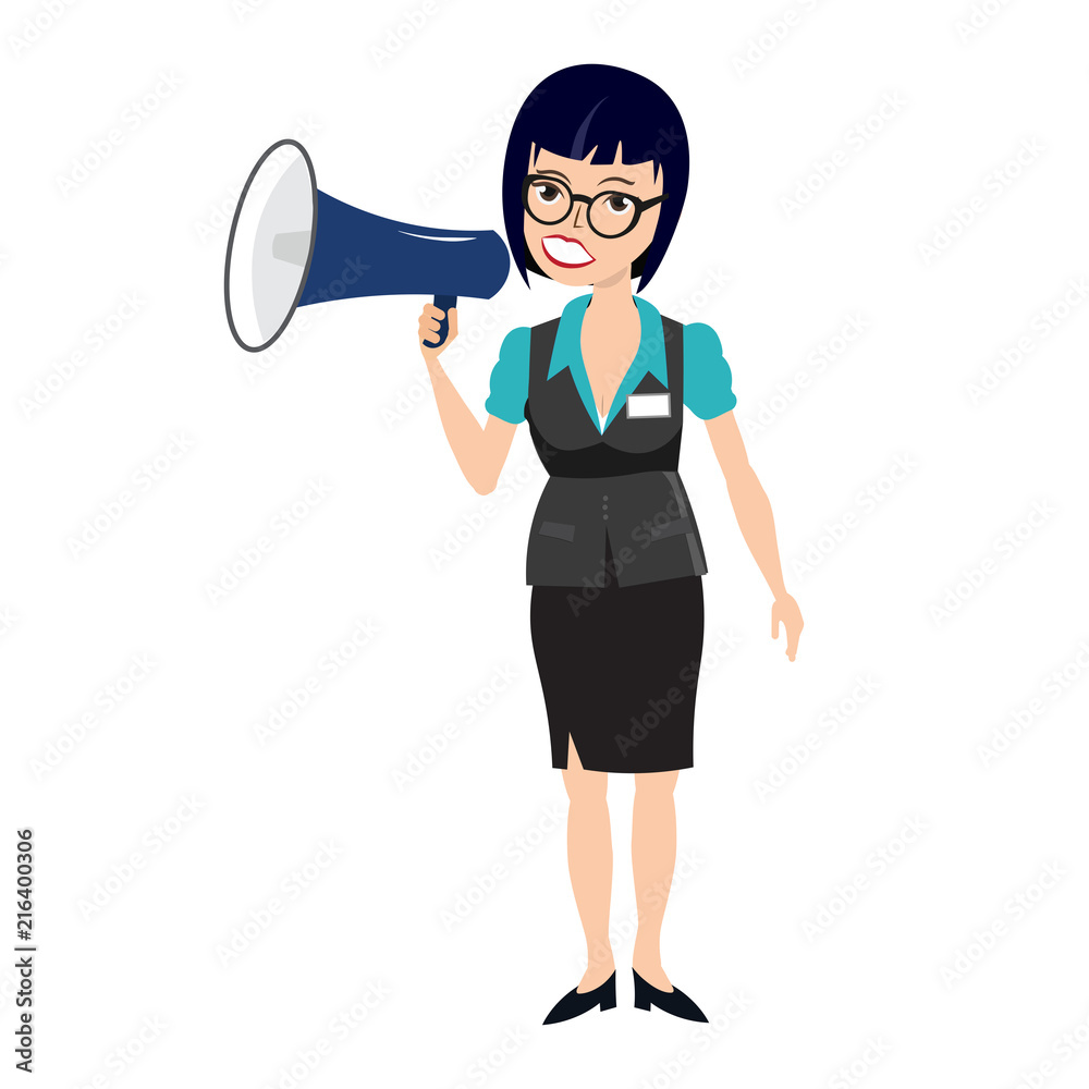business woman wearing official clothes announcing holding a megaphone business woman wearing official clothes announcing holding a megaphone