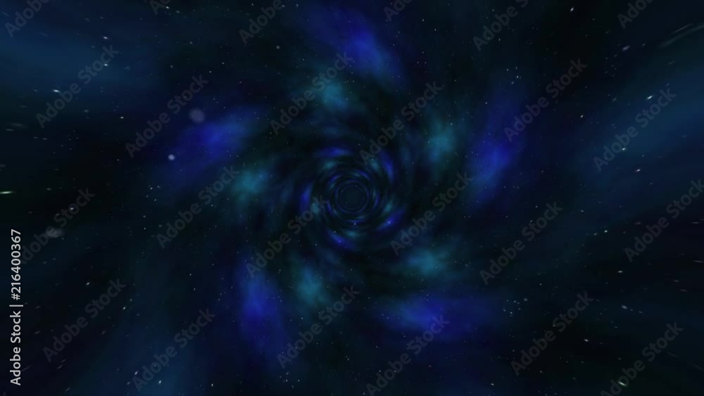 Flying through black hole tunnel,power energy release,spectacular science fiction scene. Loop animation with wormhole interstellar travel through a blue force field on a grid with galaxies and stars