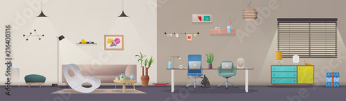 Living room and office interior. Modern apartment scandinavian or loft design. Cartoon vector illustration