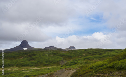Hat shape mountains with snow capes, green hills and grass meadow, blue sky white clouds, Iceland summer landscape