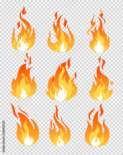 Vector illustration set of fire flames icons different shapes on the transparent background in flat cartoon style.