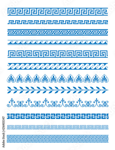 Vector illustration set of Greek patterns and ornaments on white background. Wave and meander decorative elements set blue color.