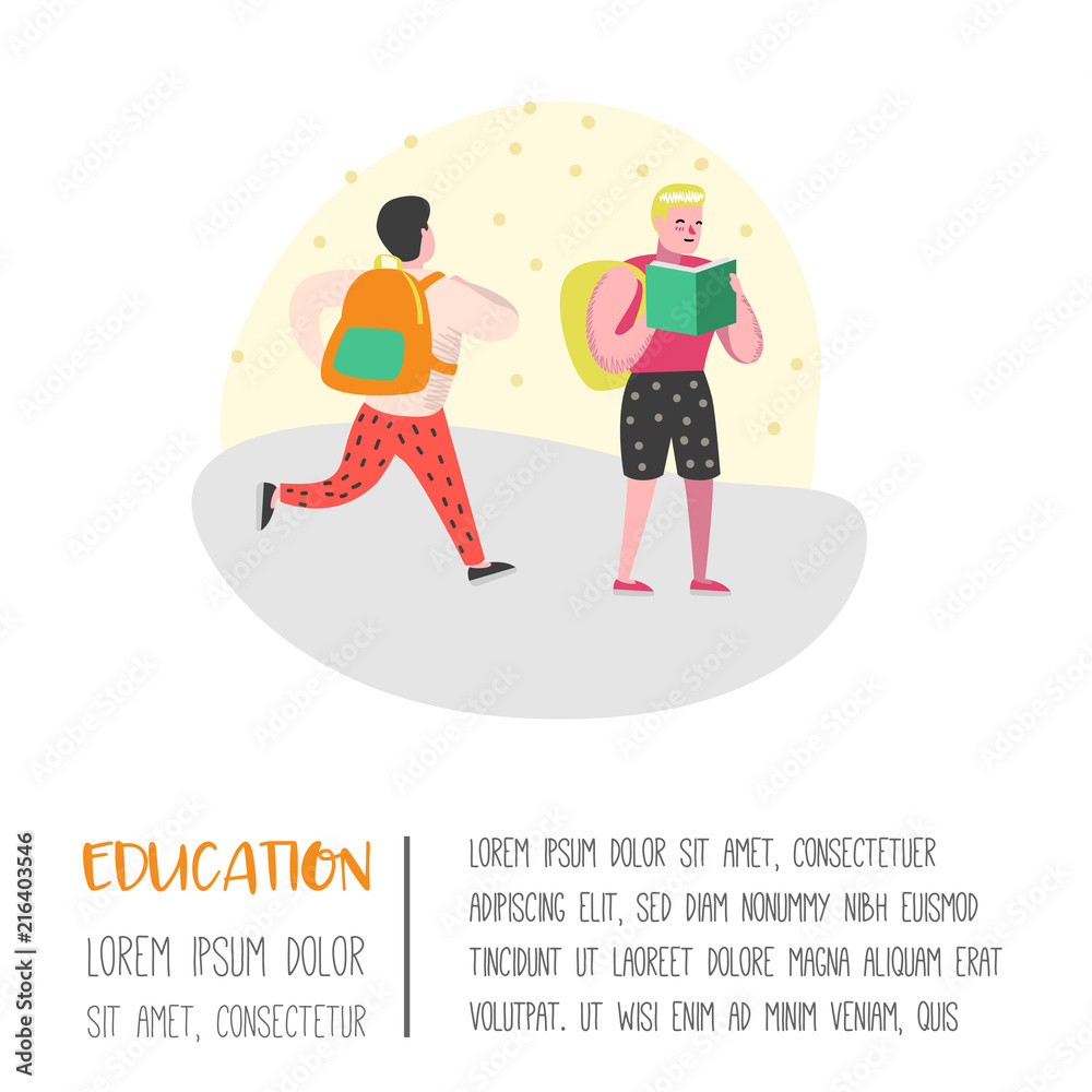 Students and Pupils Characters Set. Back to School Kids Poster. Classroom with Schoolchildren with Backpacks, Books. Education Concept. Vector illustration