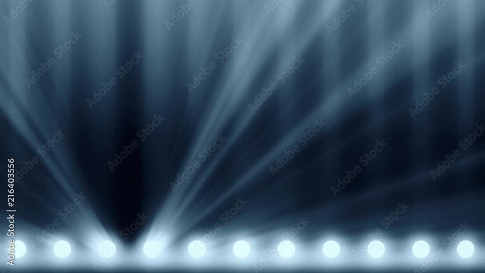 Animation of stage lights frame. Bright shiny stage lights flashing movement entertainment spotlight projectors in the dark, blue soft light spotlight strike on black background. Spotlights and