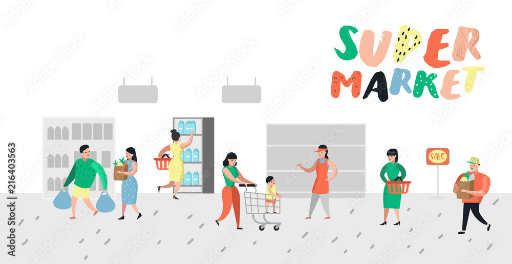 People Characters Shopping in Supermarket with Bags and Carts Poster. Flat Cartoon Customer Buying Products, Cashier, Seller, Buyer. Vector illustration