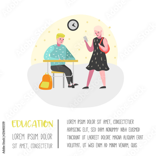 Students and Pupils Characters Set. Back to School Kids Poster. Classroom with Schoolchildren with Backpacks, Books. Education Concept. Vector illustration