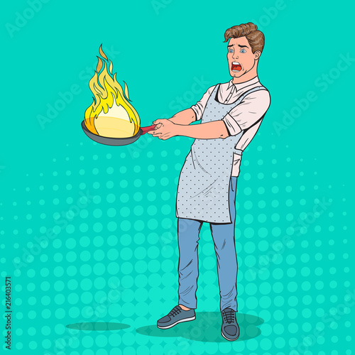 Pop Art Man in the Kitchen Holding Pan. Afraid Young Guy in Apron Cooking with Burning Pan. Vector illustration