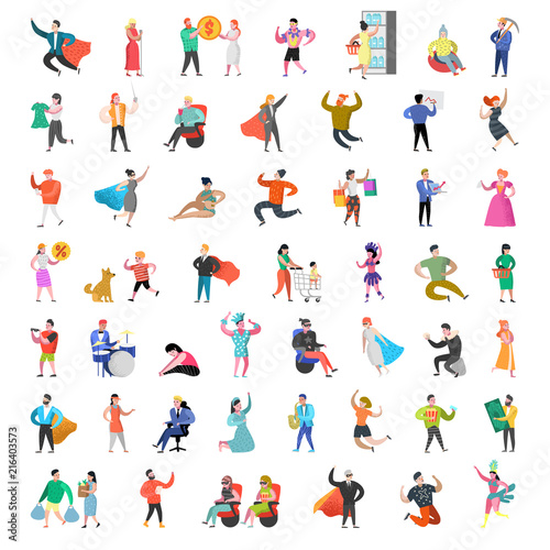 Flat People Characters Collection. Man and Woman Cartoons in Various Actions, Poses and Activities. Business People, Super Hero. Vector illustration