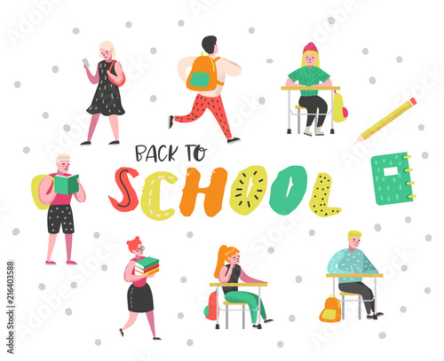 Students and Pupils Characters Set. Back to School Kids. Classroom with Schoolchildren with Backpacks, Books. Education Concept. Vector illustration