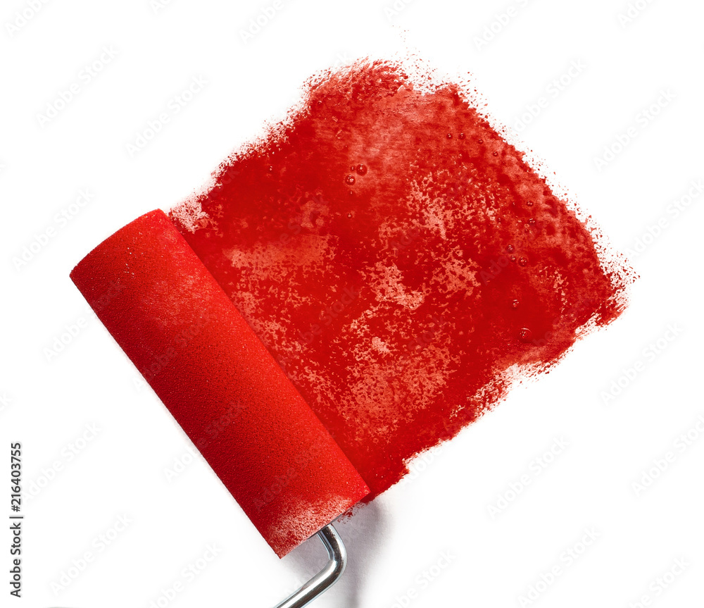 Hand painting using a red roller brush, isolated on white background Hand painting using a red roller brush, isolated on white background
