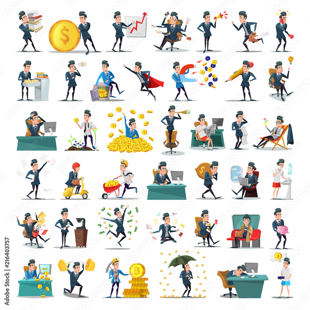 Business People Characters Collection. Cartoon Businessman in Various Poses. Motivation, Leadership, Career, Success Concept. Vector illustration