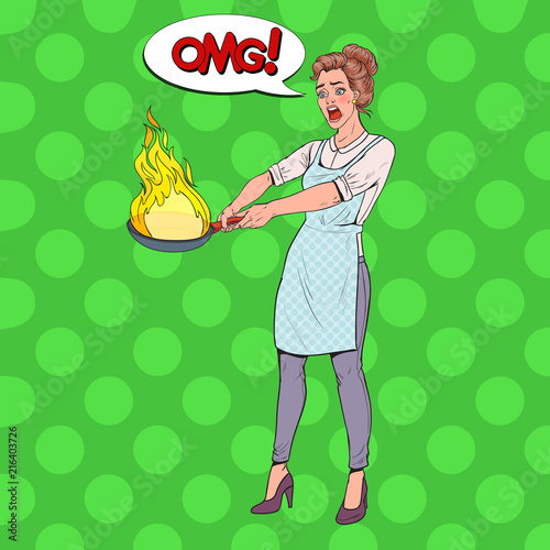 Pop Art Housewife in the Kitchen Holding Pan. Afraid Young Woman in Apron Cooking with Burning Pan. Vector illustration