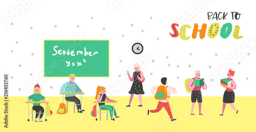 Students and Pupils Characters Set. Back to School Kids Poster. Classroom with Schoolchildren with Backpacks, Books. Education Concept. Vector illustration