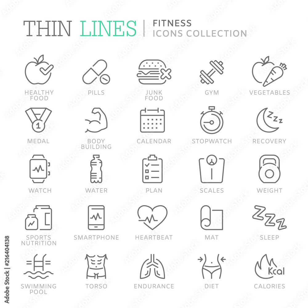 Collection of fitness related line icons Collection of fitness related line icons