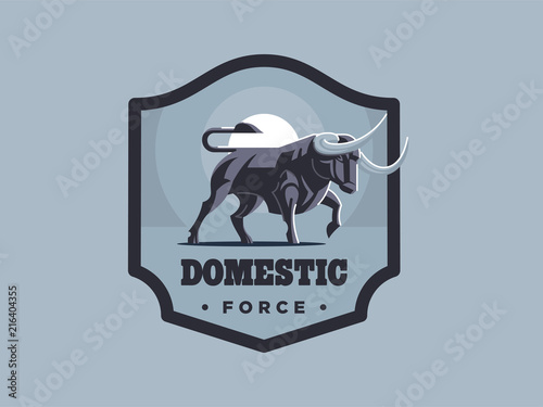 Vintage emblem with strong muscular bull illustration.