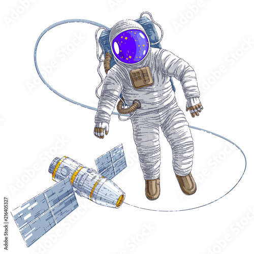 Spaceman flying in open space connected to space station, astronaut man or woman in spacesuit floating in weightlessness and iss spacecraft behind him. Vector illustration isolated over white.