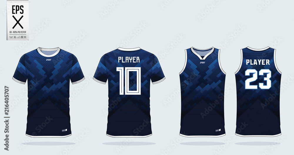 Obraz premium Blue zigzag pattern t-shirt sport design template for soccer jersey, football kit and tank top for basketball jersey. Sport uniform in front and back view. Sport shirt mock up for sport club. Vector.