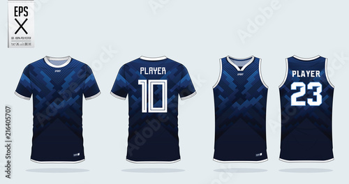 Blue zigzag pattern t-shirt sport design template for soccer jersey, football kit and tank top for basketball jersey. Sport uniform in front and back view. Sport shirt mock up for sport club. Vector.