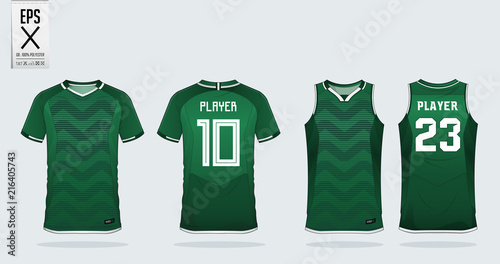 Green zigzag pattern t-shirt sport design template for soccer jersey, football kit and tank top for basketball jersey. Sport uniform in front and back view. Sport shirt mock up for sport club. Vector.